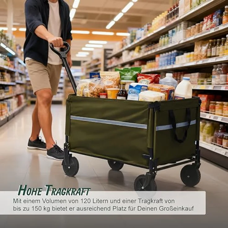 Relaxdays Bollerwagen, faltbar, 150 kg Traglast, Teleskopgriff, Regenplane, grüner Transportwagen für Einkauf und Camping – Bild 2