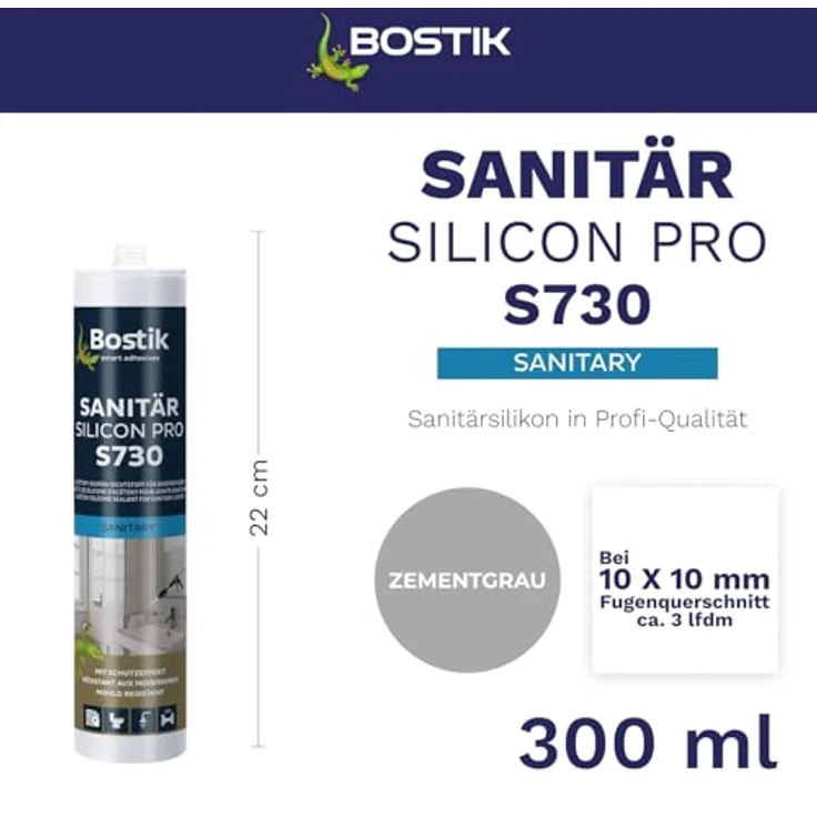 BOSTIK S730 Sanitär Silikon Pro, Zementgrau, 300ml - elastisch, wasserfest, chemikalienbeständig, für Innen- und Außenbereich – Bild 2