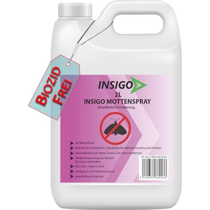 INSIGO NEU Biozidfreie Motten Abwehr 2L – Effektives Mittel für Lebensmittelmotten & Kleidermotten bekämpfen im Haus – Motten Spray – Fleckenfrei – Mottenspray