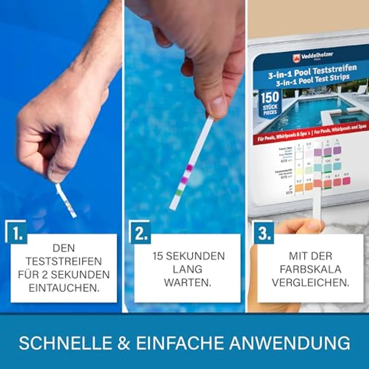 Veddelholzer 3-in-1 Pool Teststreifen, 150 Stück zur pH-Wert, Freies Chlor & Alkalinität Messung für Pool, Whirlpool & Spa – Bild 3