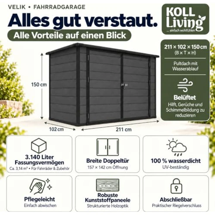 Koll Living Fahrradgarage Velik, 211 x 102 x 150 cm, 3,1 m³, grau, Doppeltür, Pultdach, UV- & witterungsbeständig, platzsparend – Bild 2