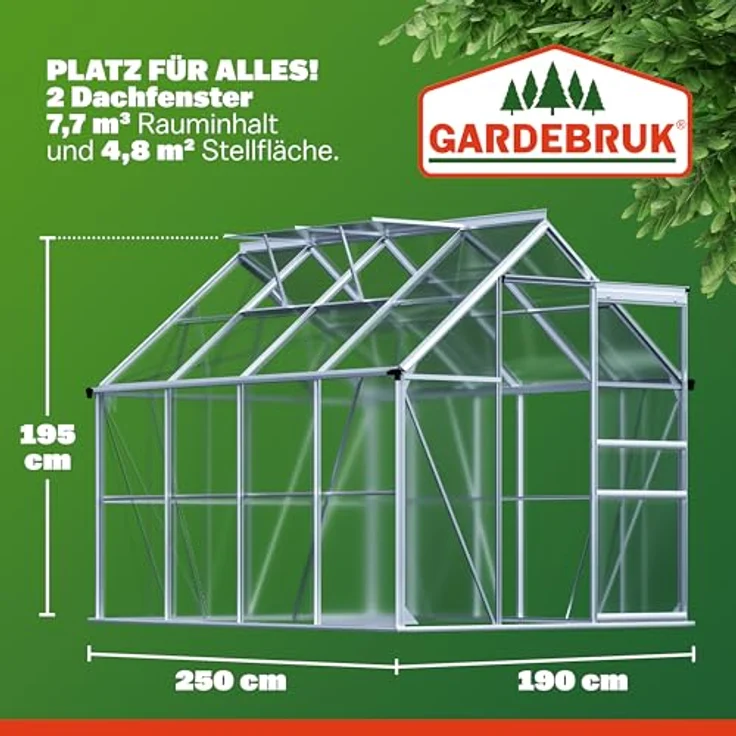 GARDEBRUK® Gewächshaus Aluminium 4,8m² 250x190cm, inkl. 2 Dachfenster, stabil und wärmedämmend für Pflanzenanbau und Aufzucht, 7,63m³ – Bild 3