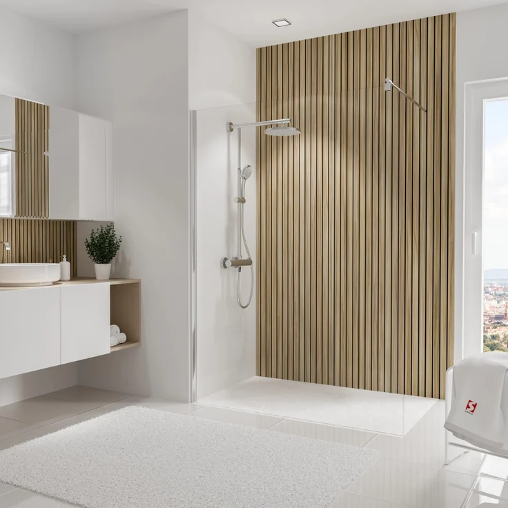 Schulte Duschrückwand DecoDesign, fugenlose Wandverkleidung in Japandi Holzoptik, 255 cm x 150 cm, robust und pflegeleicht
