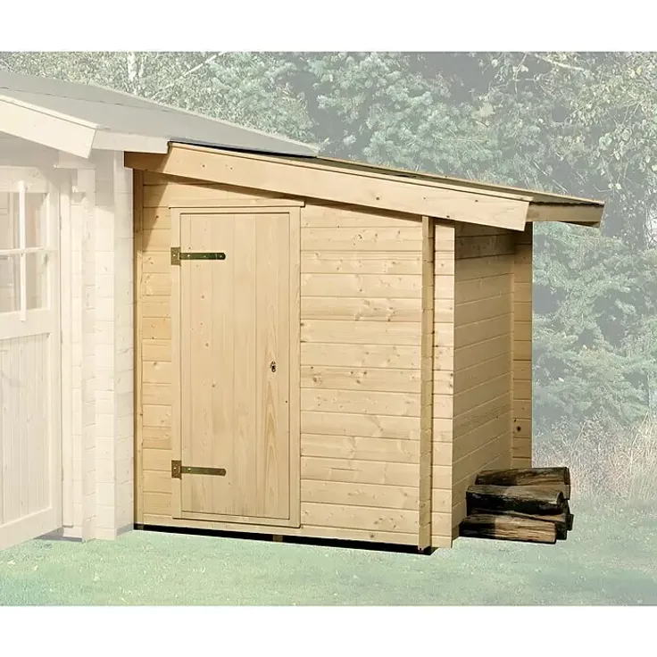 Weka Gerätehaus-Anbau, 180 cm Breit, 274 cm Tief, aus 28 mm Blockbohlen, Holz natur, erweiterbarer Stauraum für Gartengeräte und Fahrräder