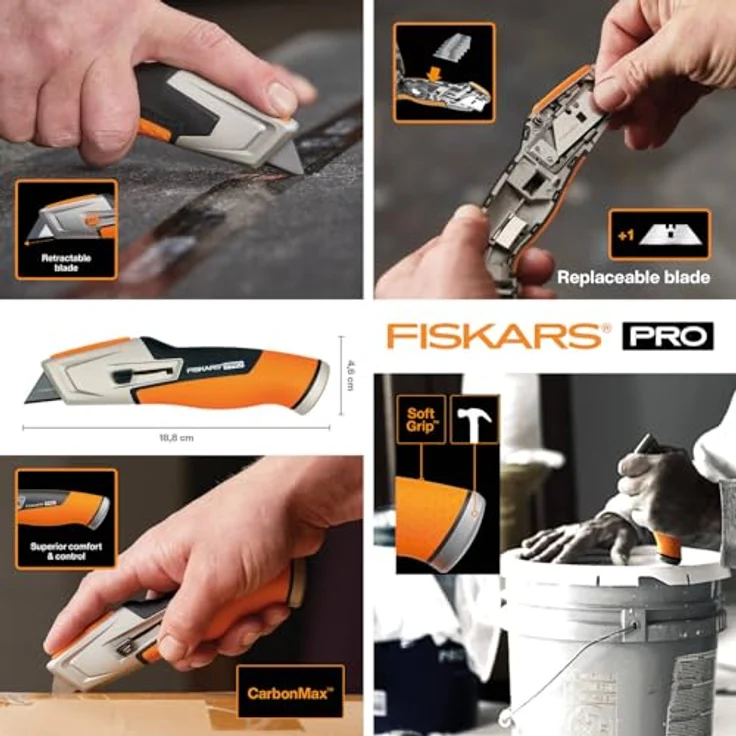 Fiskars Universalmesser mit einziehbarer Klinge, Länge 17,7 cm, Rostfreier Stahl-Kunststoff, Schwarz-Orange, CarbonMax, 1027223 – Bild 2