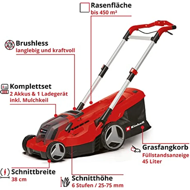 Einhell Akkurasenmäher Professional GP-CM 36/450, 38 cm Schnittbreite, 2 x 4 Ah Akku, Twincharger und Mulchkeil, kabellos und leistungsstark – Bild 3