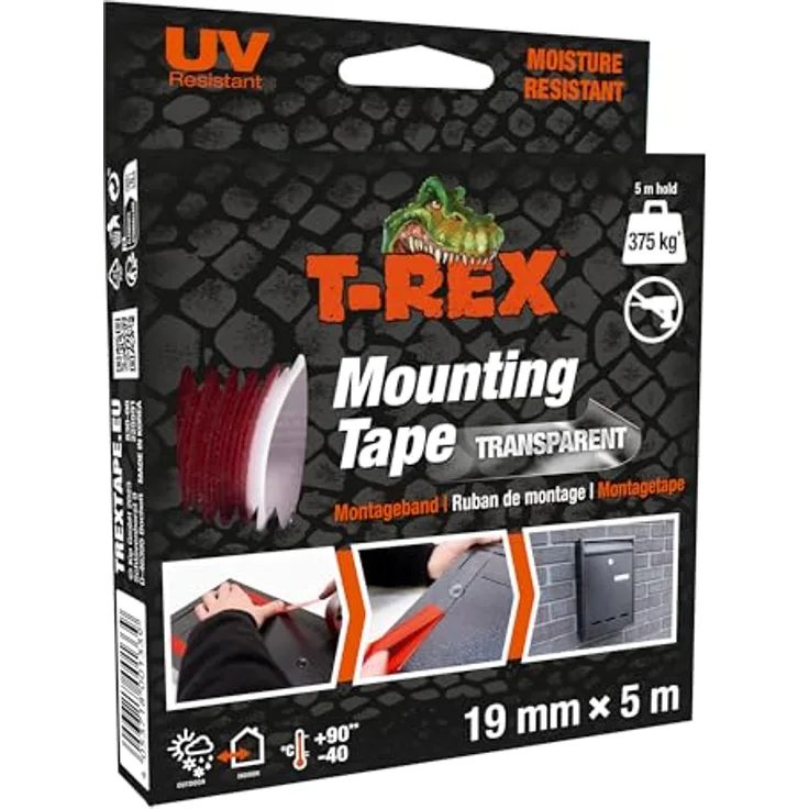 T-Rex Mounting Tape – Extra starkes doppelseitiges Klebeband für bis zu 375kg – Transparent, für Innen- & Außenbereich – 19mm x 5m