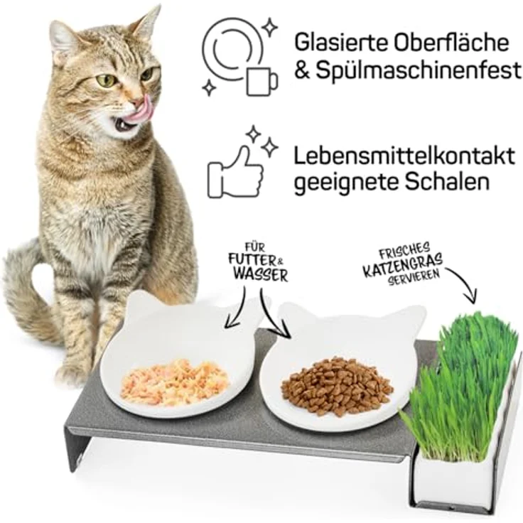 CanadianCat Company | Cat Diner Futterbar, erhöhte Schüssel, Metallkonstruktion, grau/weiß, ca. 40,5 x 18,5 x 7 cm – Bild 2