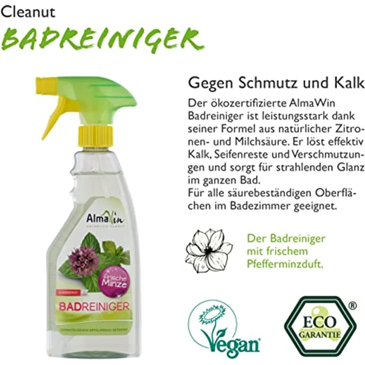 AlmaWin Badreiniger 500 ml I Umweltfreundlicher Allzweckreiniger für das gesamte Bad I Mit Pfefferminz-Duft I Effektiv gegen Kalk, Seifenreste etc. I Frei von synthetischen Duft- & Farbstoffen I Vegan – Bild 3