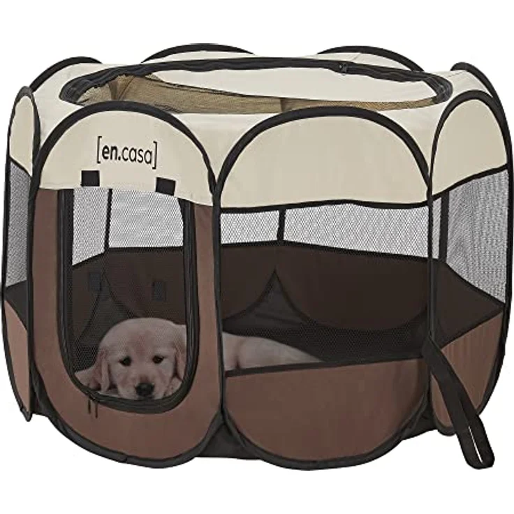 [en.casa] Hundelaufstall Telford 43 x 74 x 74 cm Pop Up Tierlaufstall für Innen- und Außenbereich Welpenlaufstall Hundehütte Braun/Cremefarben – Bild 1