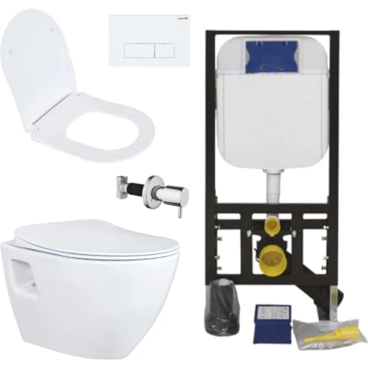 Creavit Tiefspül-WC CRV-TP325-0005-SET, spülrandloses Hänge-WC Set in Weiß mit Edelstahl Bidet und Soft-Close WC-Sitz