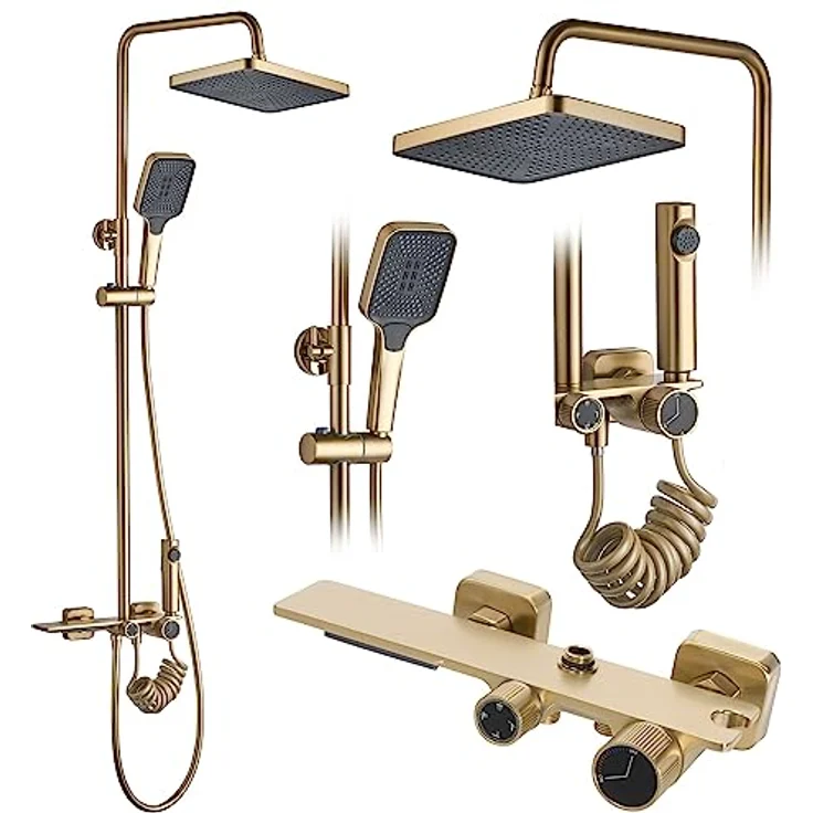 Rea Duschsystem HELIX Brush Gold, Duschset mit Regendusche 20 x 30 cm und 150 cm Schlauchlänge, gebürstetes Gold – Bild 1