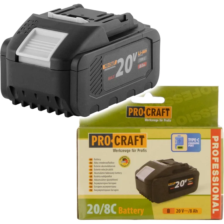Procraft 20/8C Akku 20 V 8,0 Ah Li-Ion mit USB-C Powerbank-Funktion und LED-Ladestandsanzeige