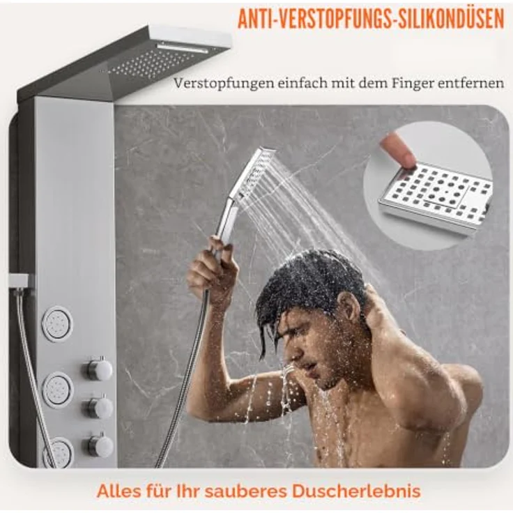 VEVOR Duschsäule Duschsystem mit 4 Duschmodi, Regen- und Wasserfall, 5 Ganzkörpermassagedüsen, Handbrause mit 3 Einstellungen und 1,5 m Schlauch, Wandduschset aus Edelstahl – Bild 4