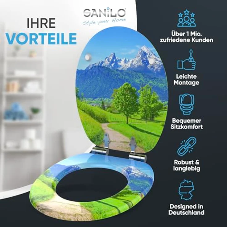 Sanilo WC Sitz Alpen, Hochwertiger Toilettendeckel aus Holz mit Absenkautomatik, antibakterieller Oberfläche – Bild 2