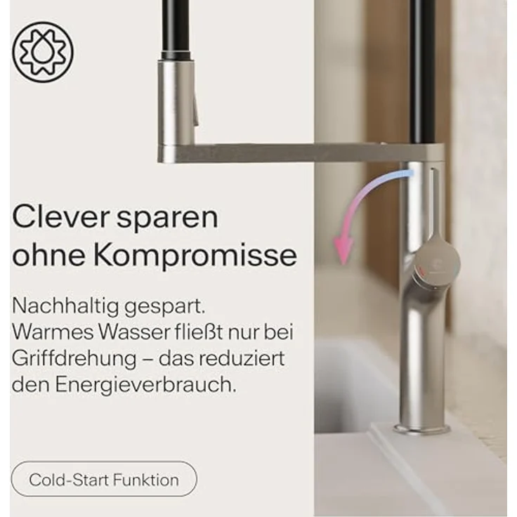 Naber Wasserwerk Aria, edelstahlfarbig, Hochdruck Küchenarmatur mit schwenkbarem Auslauf und Cold-Start-Technologie – Bild 5