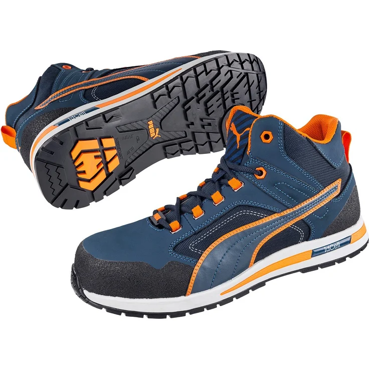 Puma Crosstwist Mid S3 Sicherheits-Stiefel, wasserabweisend, hitzebeständig bis 300°C, metallfrei, rutschhemmend, blau, Größe 38