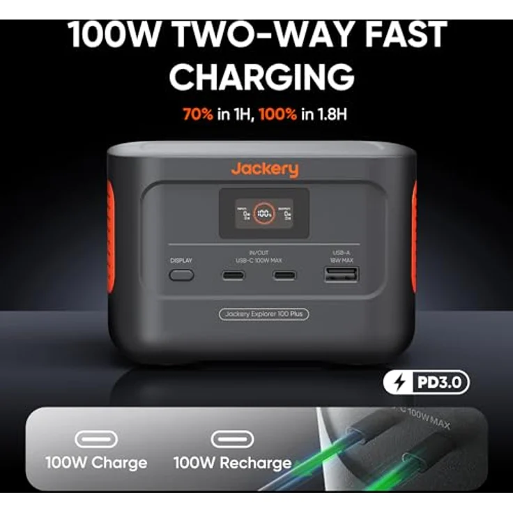 Jackery Explorer 100 Plus, 99 Wh/31000 mAh Tragbare Powerstation mit LiFePO4 Akku mit 128 W Ausgang, Handtellergroßer Back-up-Akku für Geschäftsreisen und Erkundungen im Freien – Bild 2