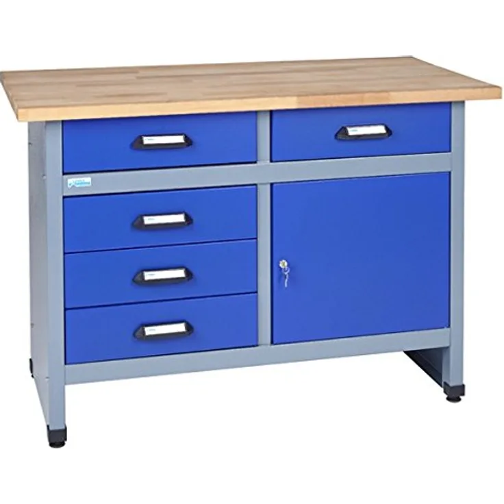 Küpper Werkbank 12047 ultramarinblau, 120x84x60cm, 5 Schubladen, 1 Tür, 300 kg Traglast, 30 mm massive Buchenarbeitsplatte