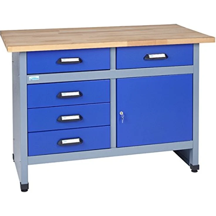 Küpper Werkbank 12047 ultramarinblau, 120x84x60cm, 5 Schubladen, 1 Tür, 300 kg Traglast, 30 mm massive Buchenarbeitsplatte – Bild 1
