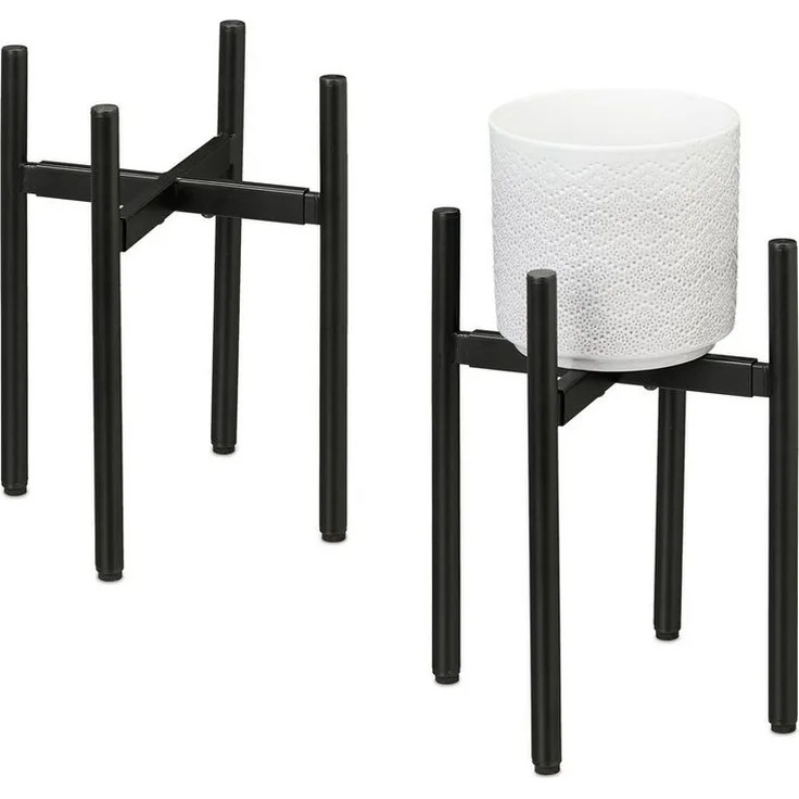 relaxdays Blumenständer Verstellbarer Pflanzenständer 2er Set, Schwarz - Stufenlos verstellbare Breite, robustes Eisen, passend für runde und eckige Blumentöpfe