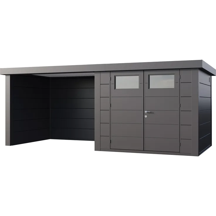 Telluria Metallgerätehaus Classico 2724, Gartenhaus mit Lounge-Anbau links, granitgrau/anthrazit, witterungsbeständig und einfach aufzubauen