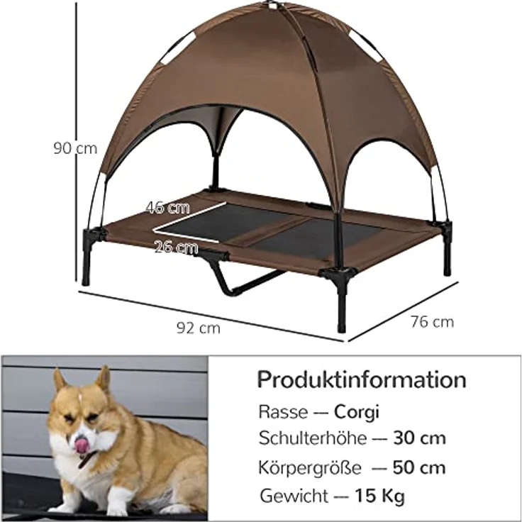 PawHut Haustierbett mit Baldachin, Erhöhtes Hundebett, Hundeliege Outdoor mit Dach, Atmungsaktiv, Taftstoff Kaffee 92 x 76 x 90 cm – Bild 3