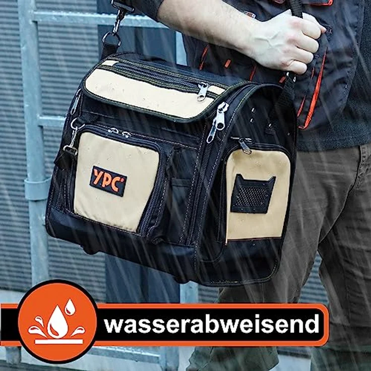 YPC Foreman Werkzeugtasche XL – Wasserfeste Aufbewahrungstasche mit 30 Fächern, robustem Metallgriff, Schultergurt, sand-schwarz, 37x36x27cm, 20 kg Tragkraft – Bild 5
