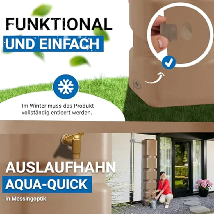4rain Basic Regentonne Set 300 Liter, taupe, platzsparendes Design, wetterfest und langlebig, inklusive Fallrohrfilter und Auslaufhahn – Bild 5