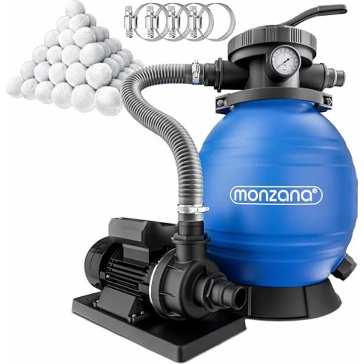 Monzana - Sandfilteranlage 9.960 L-h mit Vorfilter und XXL Tank + 700g Filterbälle Polysphere Filterwatte Filter Balls – Bild 2