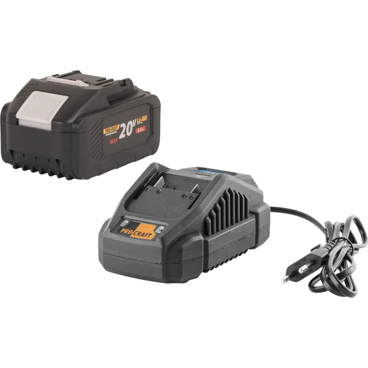 Procraft Starter Pack 20 V 20/2.4A Ladegerät + 20/8 Li-Ion Akku 8,0 Ah mit Ladestatusanzeige und Überhitzungsschutz