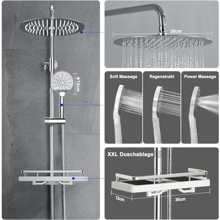 JOHO Edelstahl Duschsystem mit 30 cm Regendusche, chrom, höhenverstellbar und Handbrause mit 3 Strahlarten – Bild 3