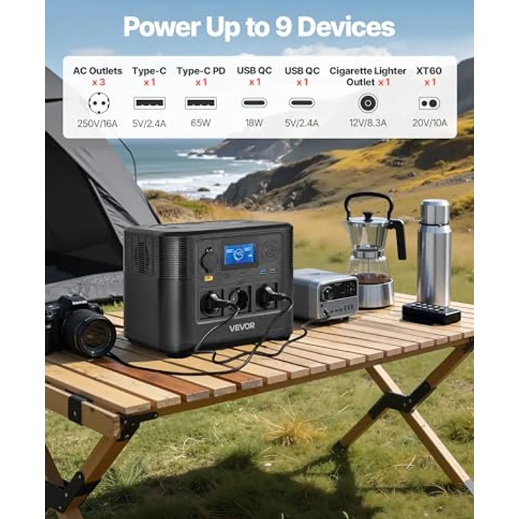 VEVOR Tragbare Powerstation M9, 1200W Solargenerator mit 806Wh LiFePO4-Akku und 9 Ausgängen für Camping und Notfälle – Bild 3