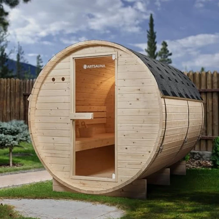 Artsauna Fasssauna Spitzbergen 220, 6 Personen, Fichtenholz, 8 kW Elektro-Ofen, Komplett-Set, Naturfarben – Bild 2