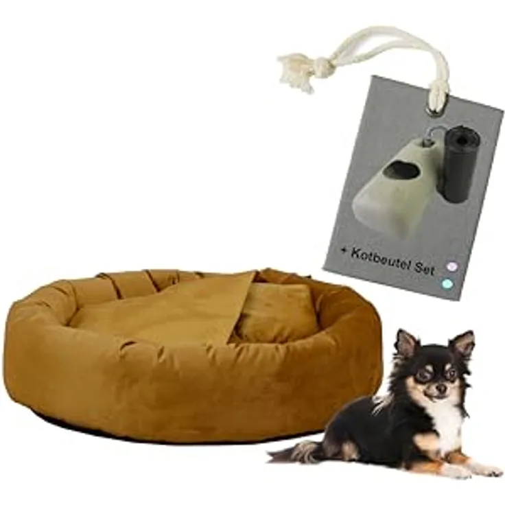 Rohrschneider Hundekissen Kuschelhöhle Denver Samt Hundebett weich mit Gassibeutel Ø 50 cm (S, Senf)