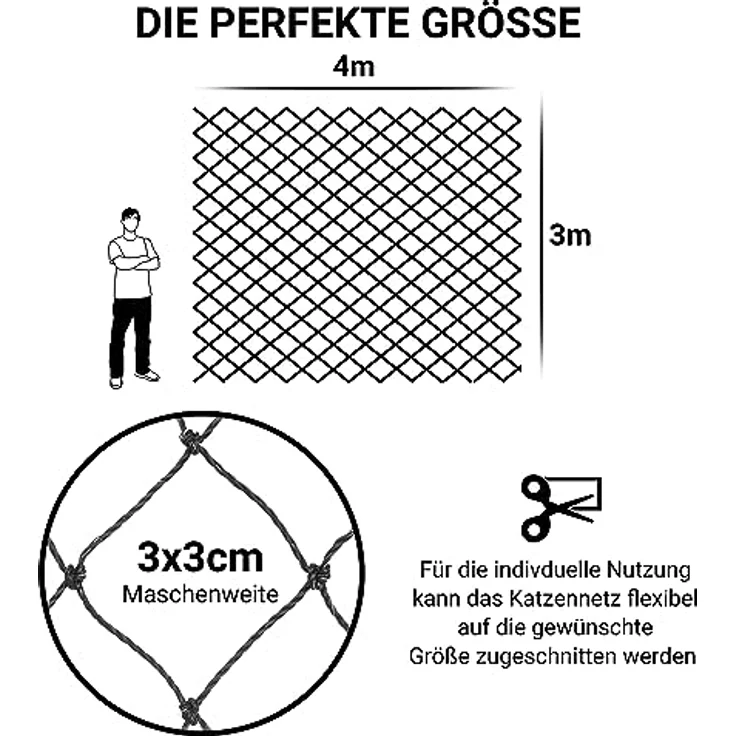 FinoPet Katzennetz für Balkon drahtverstärkt 4x3 Meter inklusive Befestigungsmaterial, Katzenschutznetz Katzengitter Schutznetz Sicherheitsnetz Balkonnetz für Katzen, Katzennetz für Balkon ohne bohren – Bild 5