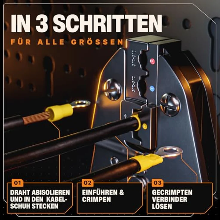 BAURIX Crimpzange HEKTOR inkl. 700 Stück Kabelschuhe Set, verpresst Kabelschuhe 0,50 - 6,00 mm², ergonomischer Griff, Sortimentsbox, Kupfer/PVC – Bild 3