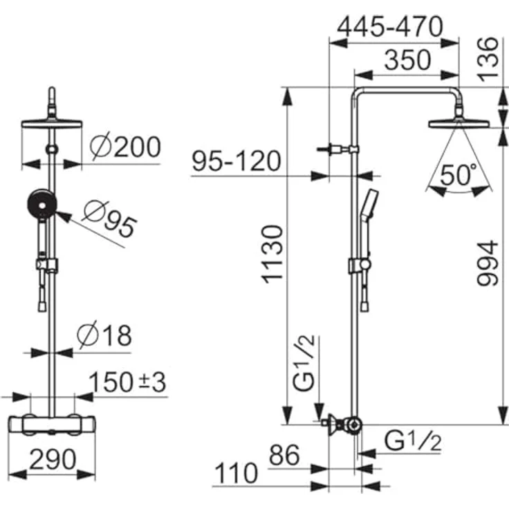 Hansa Micra Duschsystem mit Thermostat, Wandmontage, 200 mm Kopfbrause, chrom, Sicherheitsverriegelung, Temperaturregelung, Anti-Kalk-Technologie – Bild 2