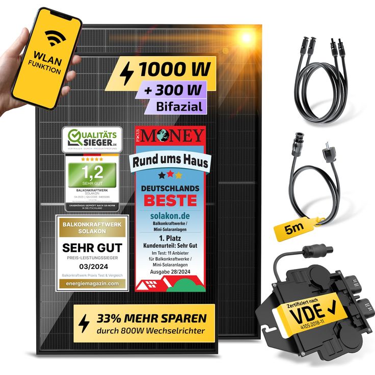 Solakon Balkonkraftwerk 890W / 800W Solaranlage Steckerfertig WIFI Komplettset Photovoltaik Anlage 800W