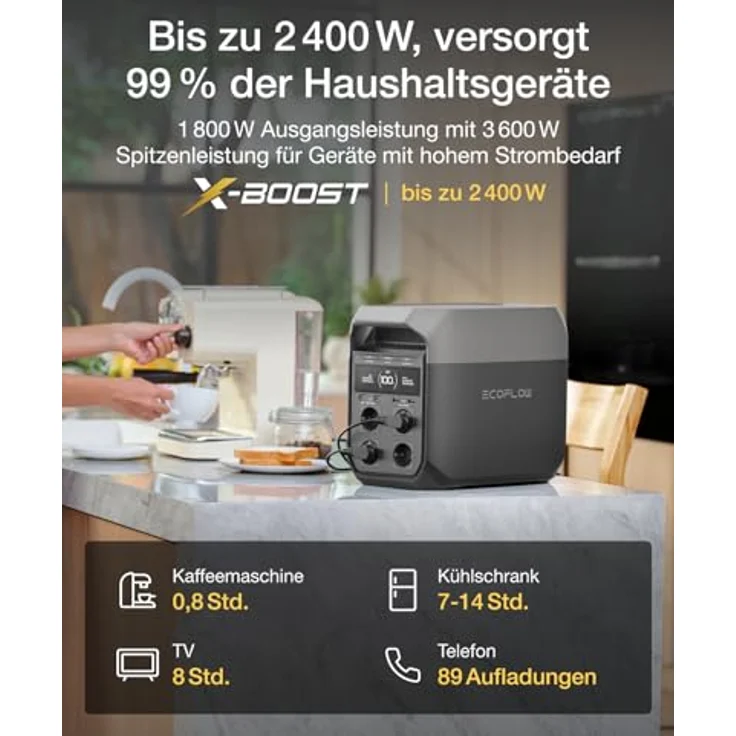 EcoFlow DELTA 3 Tragbare Powerstation, 1 024 Wh Solargenerator mit 2 400 W Ausgangsleistung und X-Stream Schnellladung – Bild 4