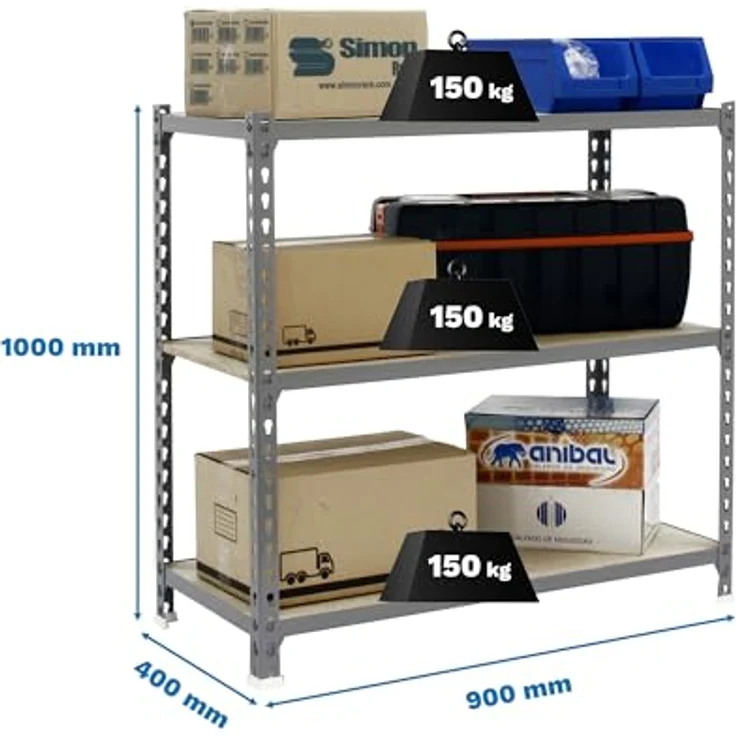 Simonrack Simonclick Metallregal Maderclick, 3 Böden, Traglast 150 kg pro Boden, H 100 x B 90 x T 40 cm, Stecksystem, Grau – Bild 2