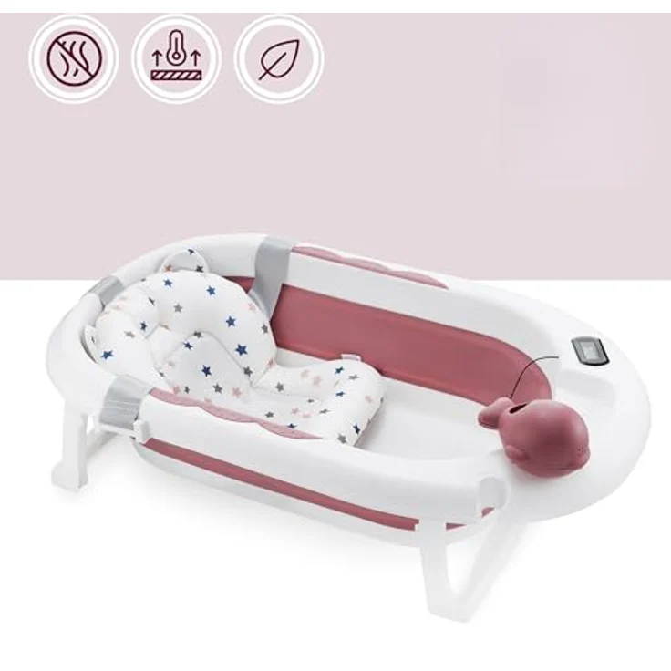 Moby-System Faltbare Babybadewanne mit LCD-Thermometer, ergonomischem Standfuß und Halterung - Altrosa – Bild 4