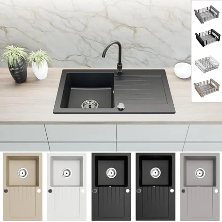 Faizee Möbel Granitspüle 76x44+Spülkorb mit Spiralarmatur, Schwarz – Bild 2