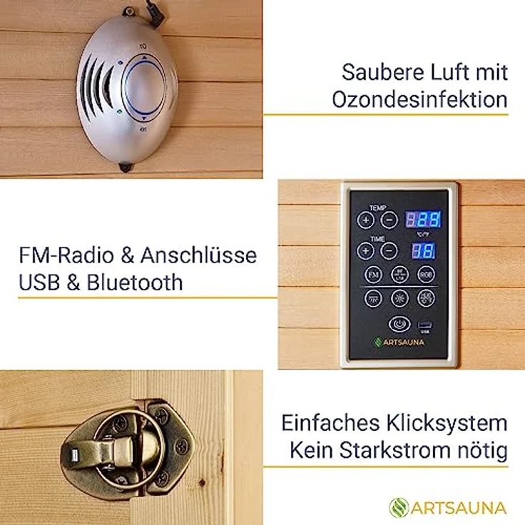 Artsauna Infrarotkabine Kiruna160 mit 6 Vollspektrum- & 3 Flächenstrahler, 3 Personen, 160x105x190 cm, LED Farblicht & Glastür, Infrarotsauna Sauna – Bild 5
