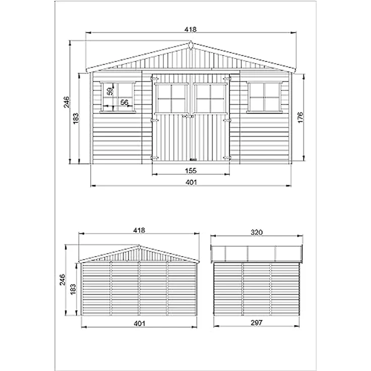 TIMBELA Holz Gartenschuppen - Abstellkammer mit Fenstern - H246 x 418 x 320 cm/ 12 m² Naturholz-Shiplap-Schuppen - Gartenwerkstatt - Fahrrad- Geräteschuppen M331 – Bild 4