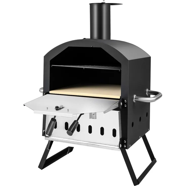 KOMFOTTEU Pizzaofen 2 in 1, Gartenofen aus Edelstahl mit Pizzagrill, Schwarz und Silber