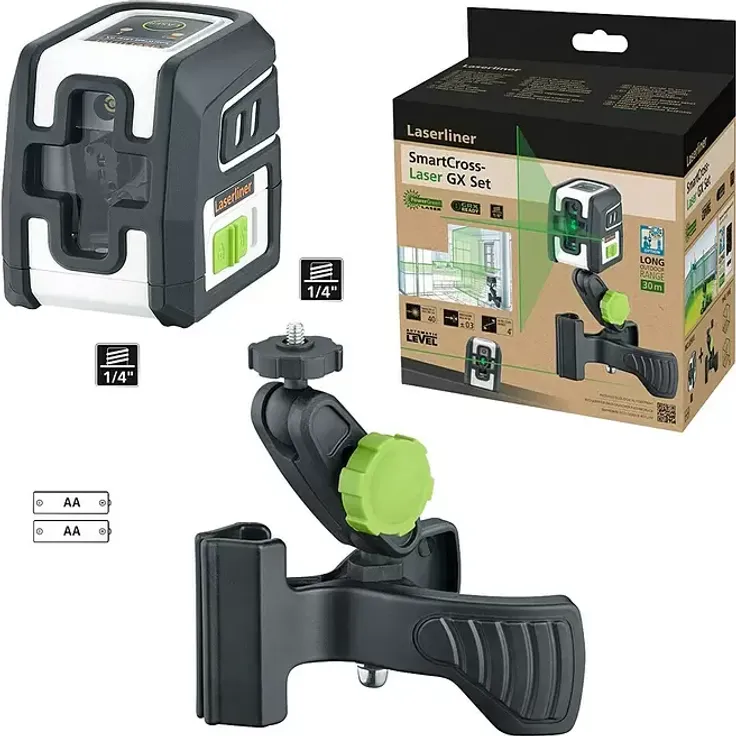 Laserliner SmartCross-Laser GX Set, Kreuzlinienlaser mit grünem Laserkreuz, max. Arbeitsbereich 40 m, umweltfreundliches Gehäuse aus Recyclingkunststoff