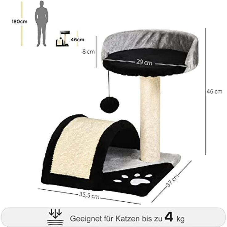 PawHut Kratzbaum Katzenbaum mit Spielbällen Katzenkratzbaum Sisalseil-Kratzstangen Schwarz 35,5 x 37 x 46 cm – Bild 3
