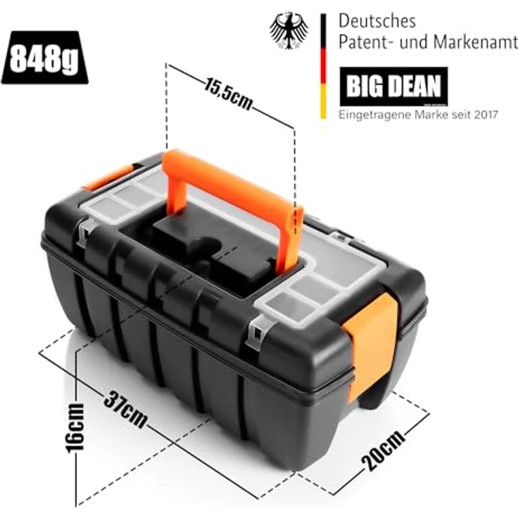 BigDean Werkzeugkoffer Werkzeugkoffer leer 37x20x16cm - aus bruchsicherem Kunststoff, Schwarz-Orange – Bild 3