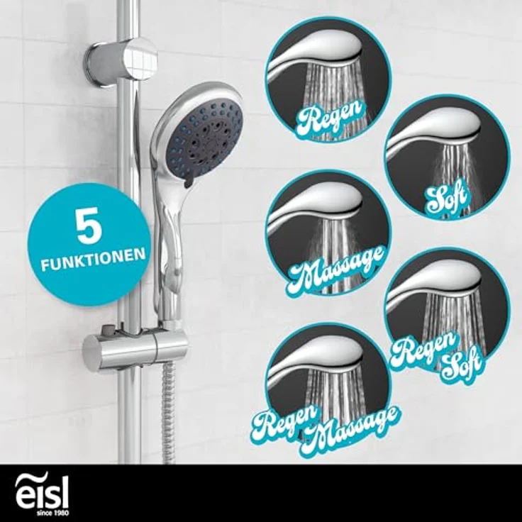 Eisl Handbrause Welly, (Set), Duschkopf mit Schlauch und 5 Funktionen, Chrom – Bild 2